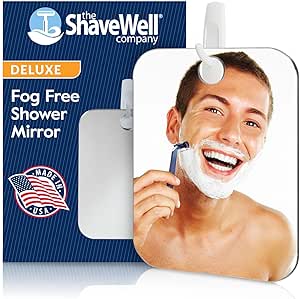 The Shave Well Company Deluxe Anti-Fog Shaving Mirror | Fogless Bathroom Shower Mirror with Handheld Option for Men and Women | Hanging Shower Mirror Includes Long-Lasting Removable Adhesive Hook