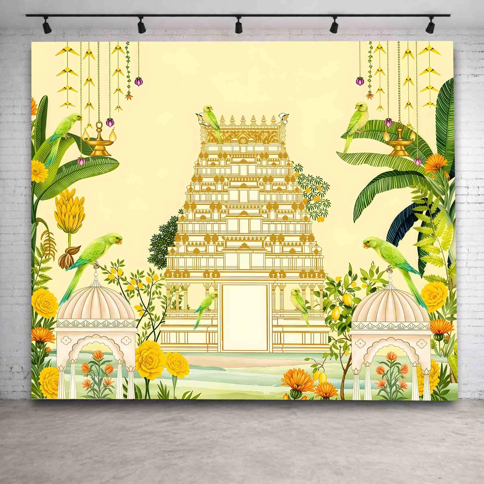 Yellow Gopuram Backdrop Cloth 8x8 ft – HD Printed PolyesterBackdrop Cloth for Decoration Pooja with Curtain Rod Loop |-image-26