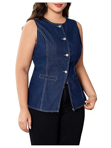 Floerns Women's Plus Size Button Front Denim Tops Sleeveless Tank