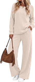 Women Matching Lounge Set Ribbed Pajama Sets | Long Sleeve Henley Top, Wide Leg Pants with Pockets, Casual Cozy Loungwear, Airport Travel Outfits, 2026 Trendy Fall Clothes