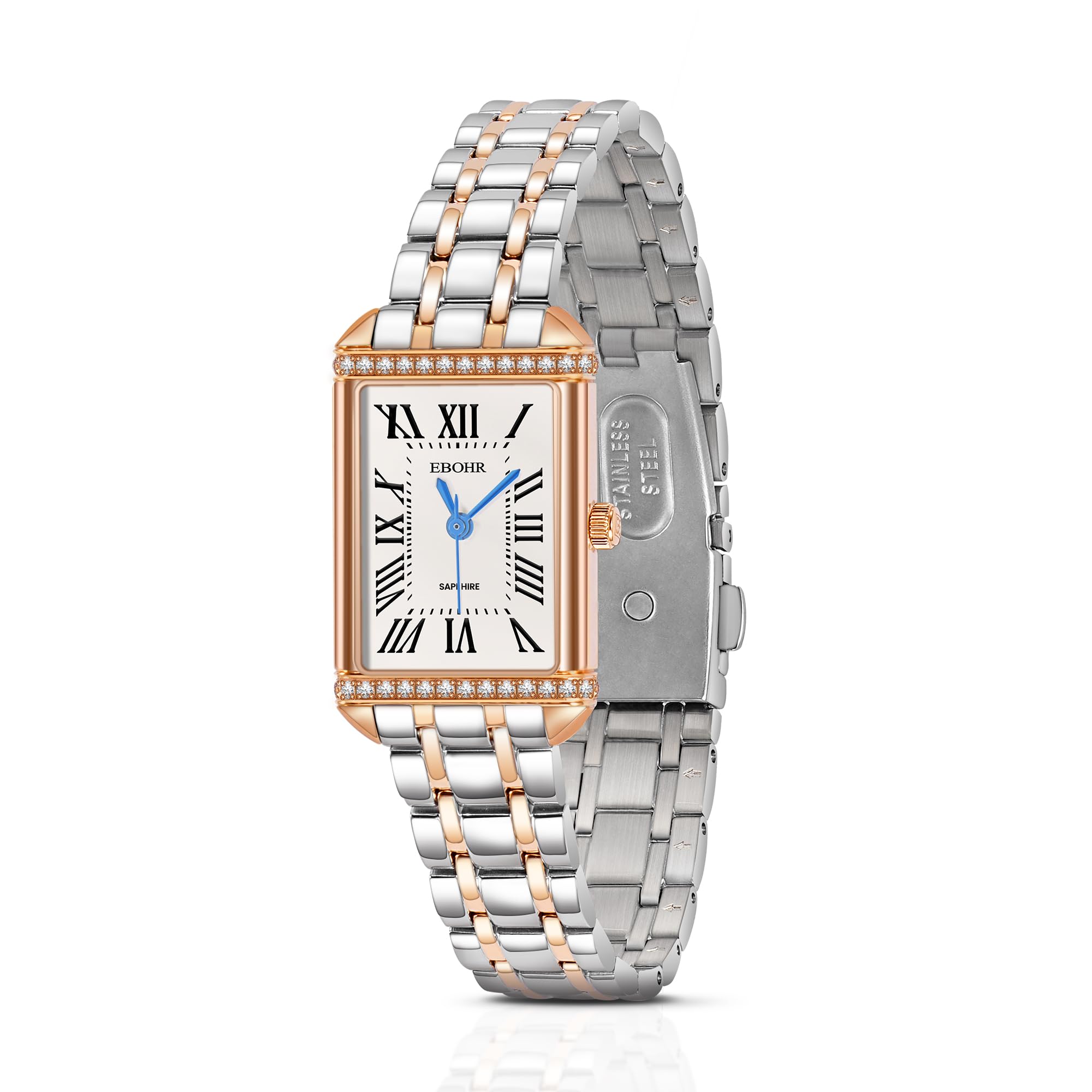 EBOHR Women's Rose Gold and Silver Wrist Watch, Vintage, Dainty, and Small Quartz Watch, Zirconia Accents, Roman Numerals, Water Resistant, Adjustable Strap, Scratch Resistant – Ideal as a Gift