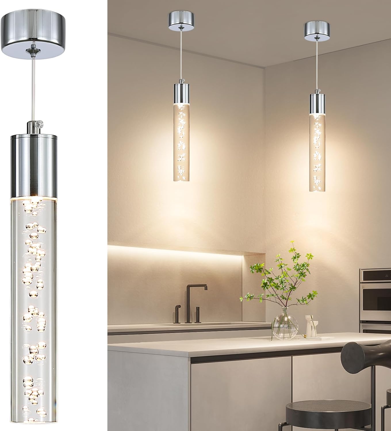 Mikeru Modern Chrome Pendant Light - Acrylic Cylinder with 3 Colour Temperature 3000k/4500k/6500k for Dining Room, Bedroom, Kitchen Island, Living Room - 2 Pack