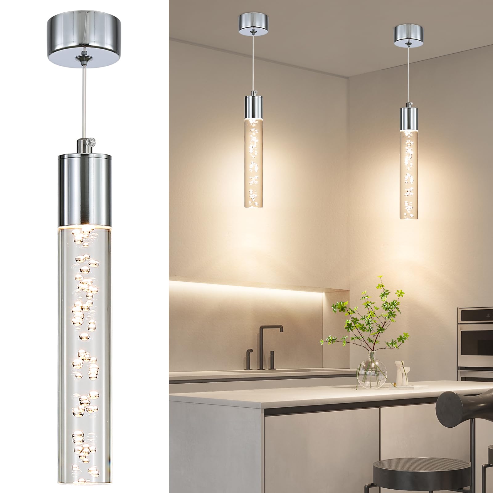 Mikeru Modern Chrome Pendant Light, Acrylic Cylinder With 3 Colour Temperature 3000k/4500k/6500k for Dining Room Bedroom