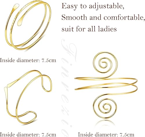 Miniatura 3 de Finrezio - Juego de 3 pulseras de brazaletes abiertos para brazaletes y brazaletes con espiral 3 unidades de diámetro ajustable Tono dorado