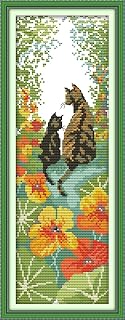 CaptainCrafts Cross Stitch Kits, Stamped Cross Stitch Printed Fabric Cross Stitching DIY Art DMC Needlecrafts Embroidery Kit for Adults Beginner (Stamped 14CT, Flowers Cats Back)