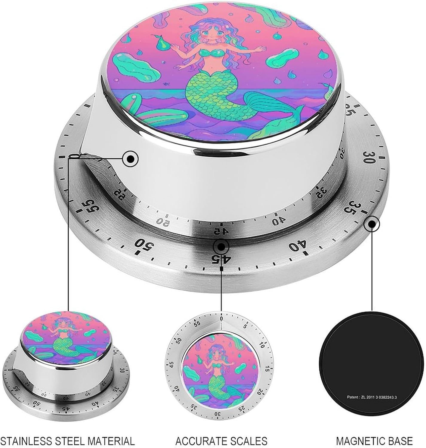 Mermaid Pastel Purple Aqua Timer Stainless Steel Kitchen Timers Waterproof & Rust-Proof 60 Minute Mechanical Timer with Loud Alarm for Cooking, Baking, Fitness