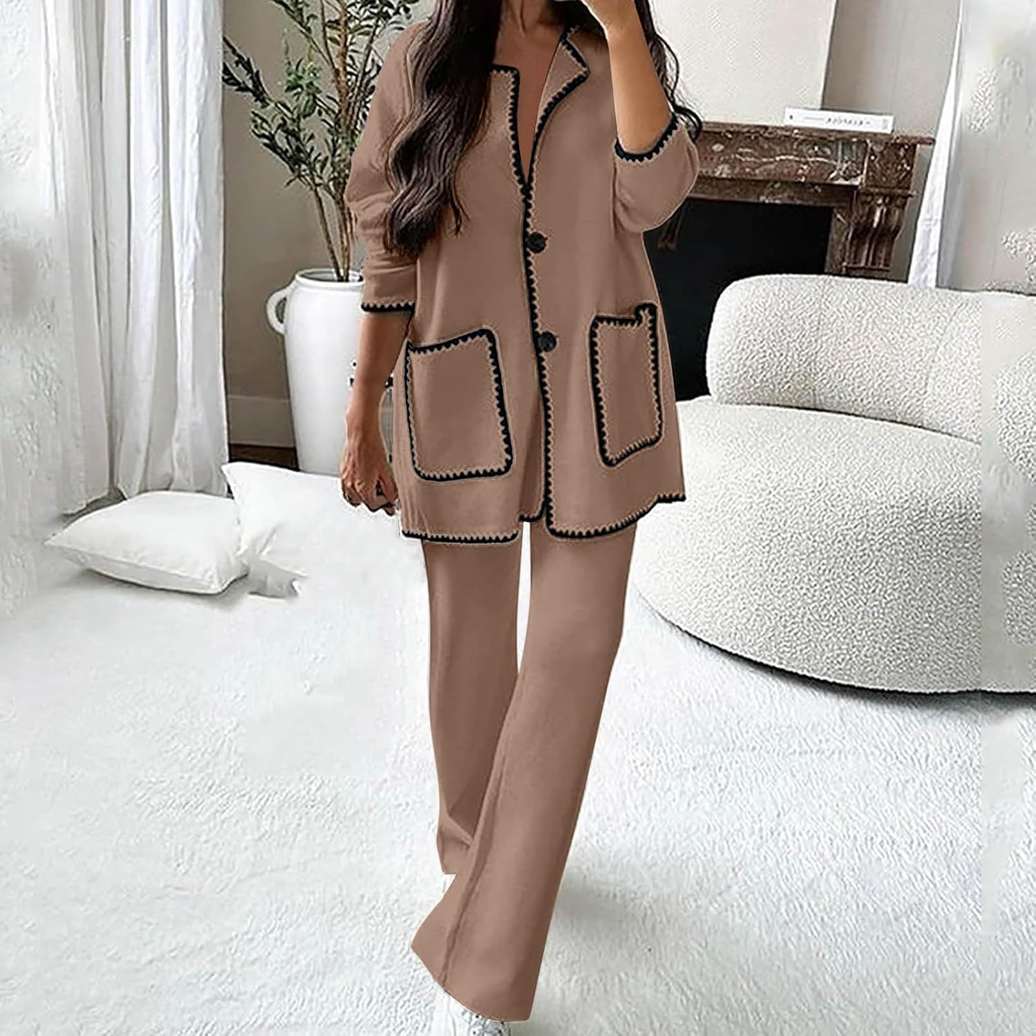 Womens 2 Piece Outfits Fall Winter Lapel Button Down Long Sleeve Tops with Pockets Wide Leg Pants Matching Lounge Sets