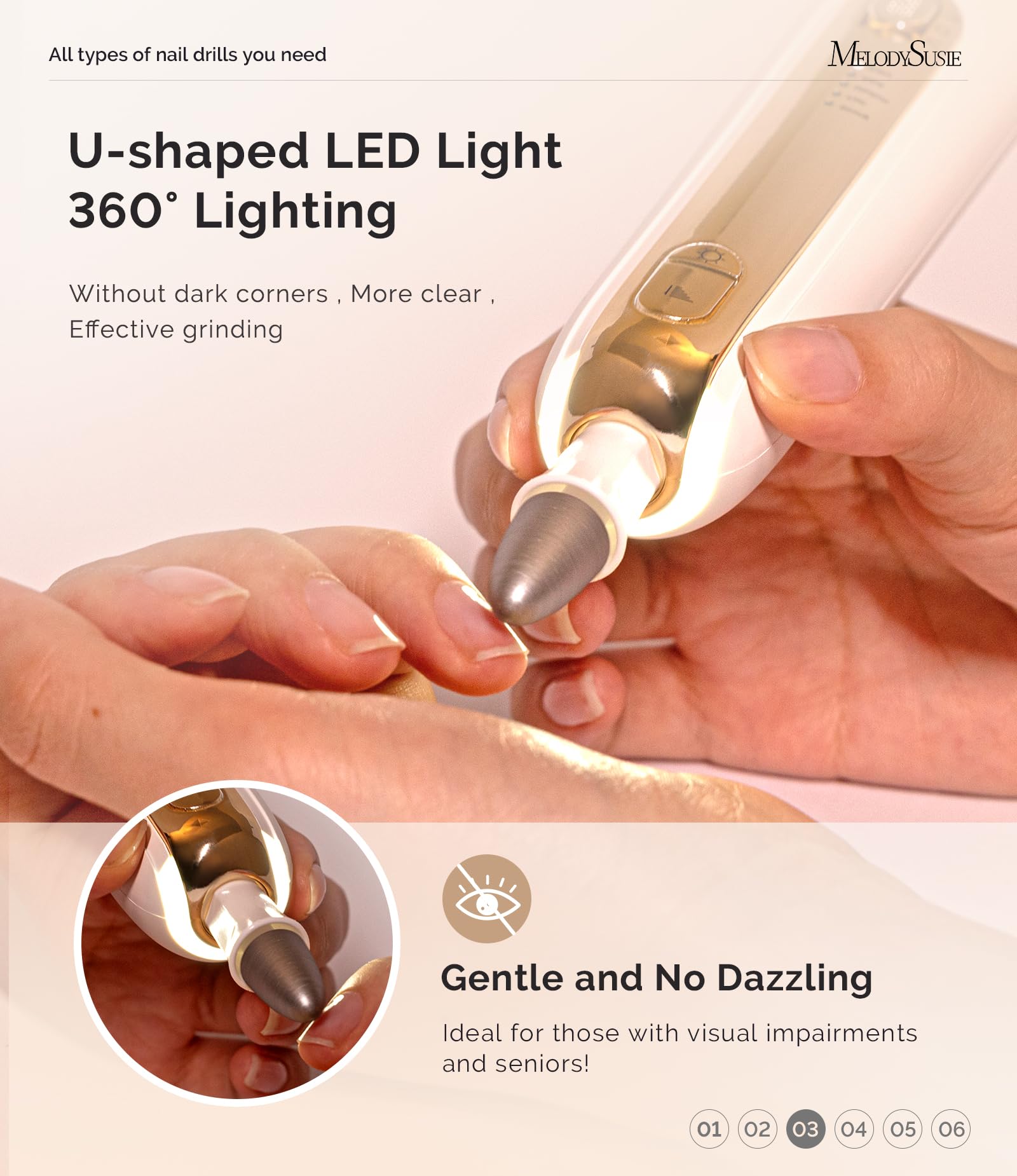 Melodysusie Electric Manicure and Pedicure Kits with 8 Drill Bits PC760G Portable Rechargeable Electric Foot File with 5 Modes Professional Nail File with Led Light Toenail File for Thick Nails (Gold) - Image 4
