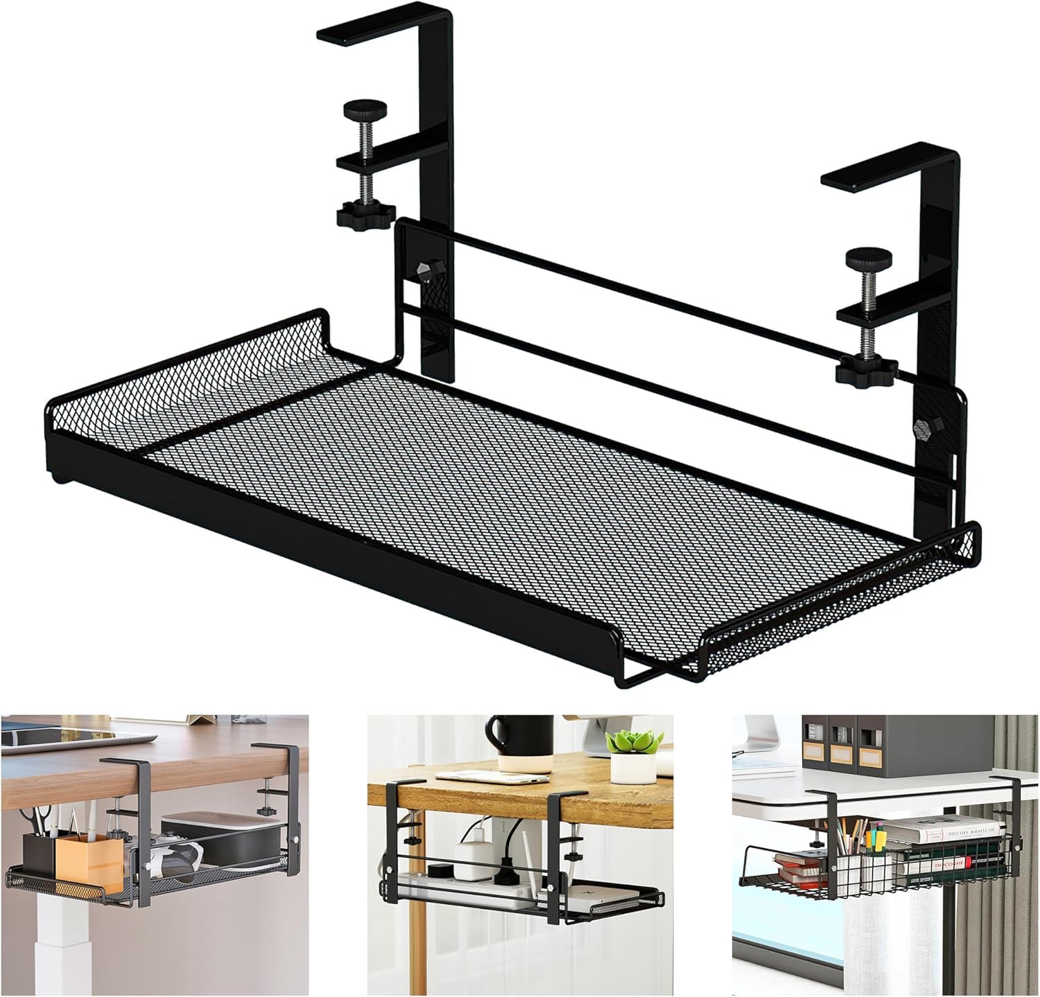 Under Desk Cable Management Tray – Metal Wire Shelf Organizer for Cords, Power Strips & Accessories | Sturdy Black Rack for Office & Home | Easy Install, No Drill Required (Medium)