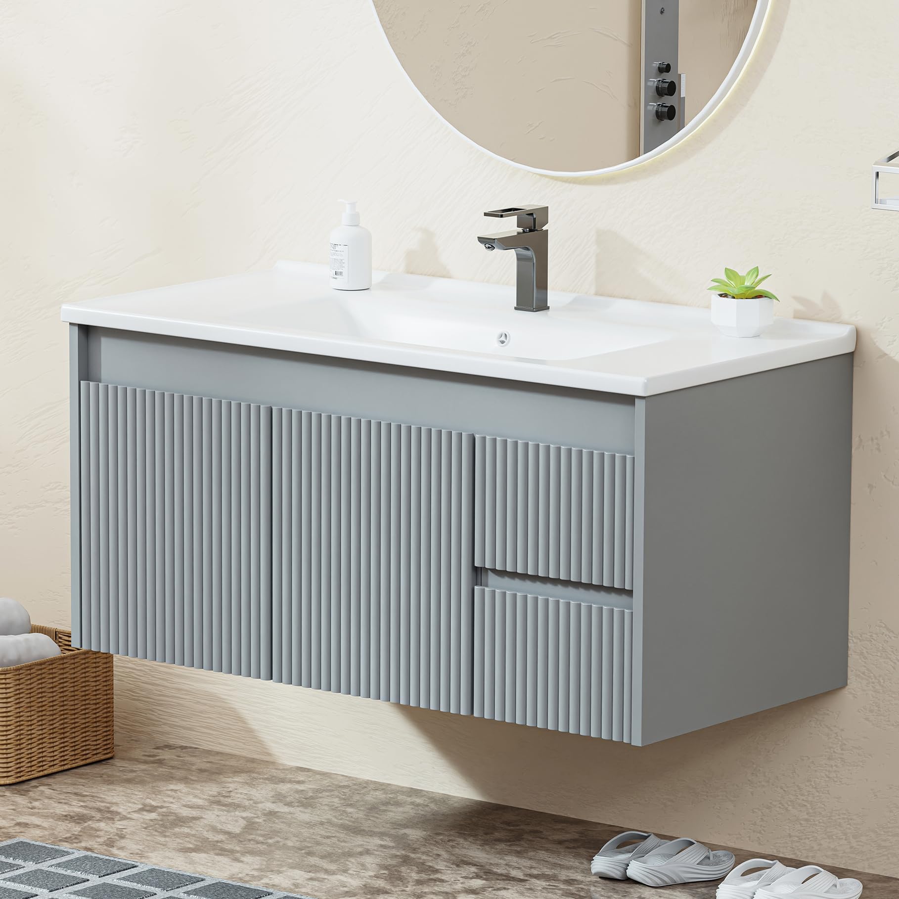 Ymise Floating Bathroom Vanity 40 Inch, Wall Mounted with Ceramic Sink and 2 Drawers