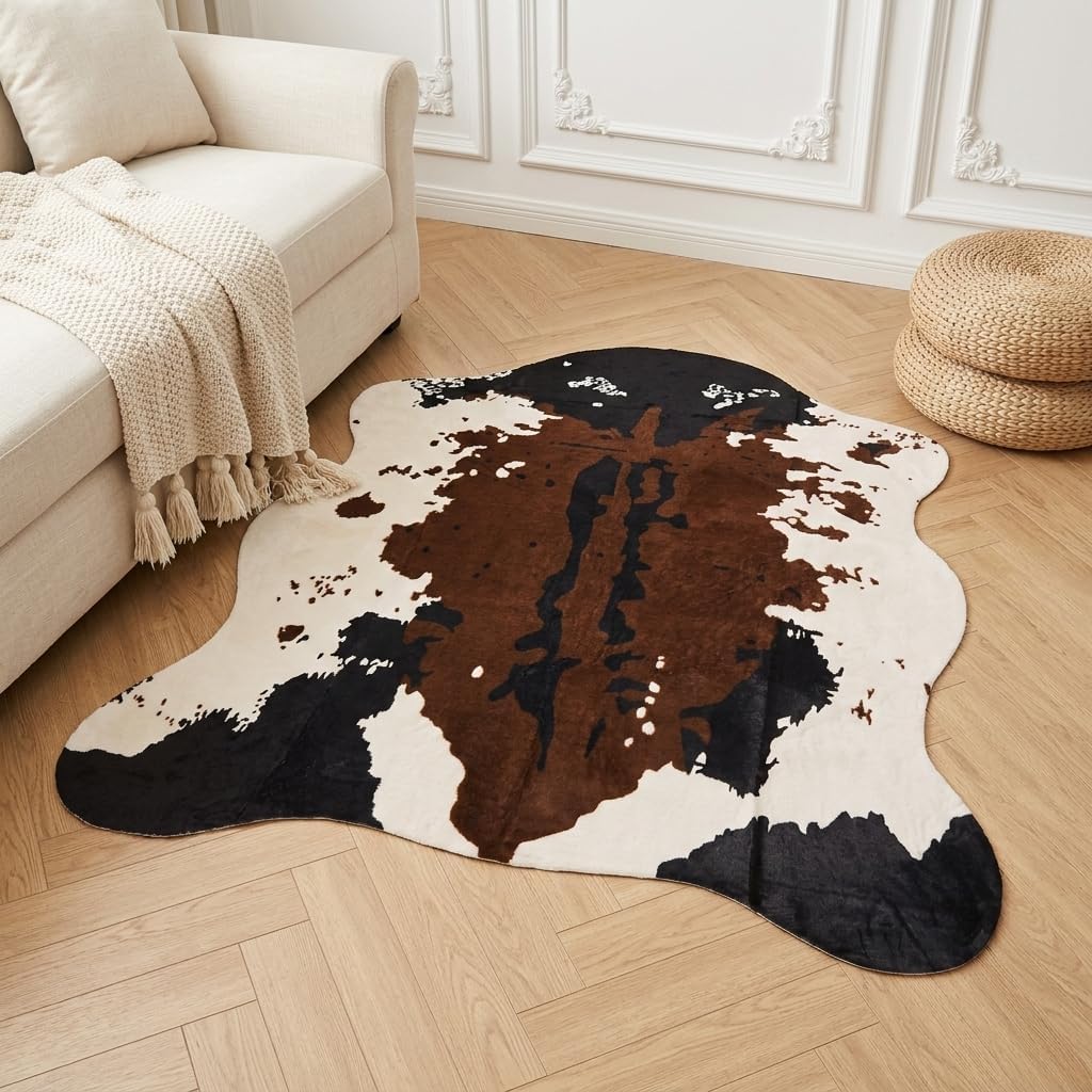 Cow Print Area Rug Faux Cowhide Rug Tri-Color Cow Rug for Living Room,Western Room Farmhouse Bedroom Decor,Non-Slip 4'7" x 5'3"（140x160cm）