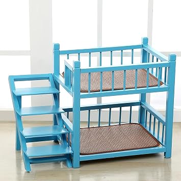 Solid Wood 2 Layer Dog Bunk Beds,Removable Pet Bunk Bed with Fence,Double Layer Cat Bed with Stairs,Dog Window Perch for Small and Medium-Sized Dogs and Cats19.3W15D19.7H, Blue