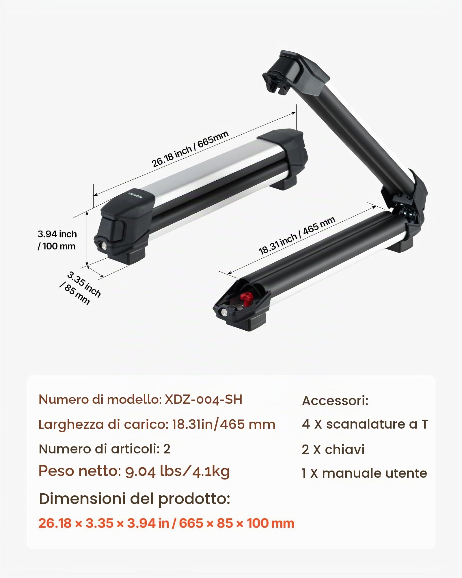 VEVOR Portasci e Snowboard, Portasci per Tetto Auto Scanalatura a T Porta 4 Paia di Sci o 2 Snowboard, 2 Supporti Universali in Alluminio per Portapacchi Auto con Serratura e Imbottitura in Gomma
