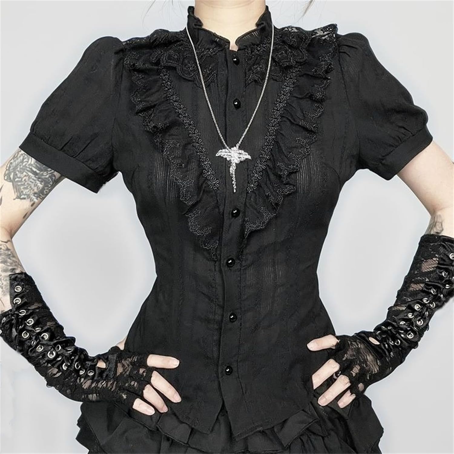 Gothic Top T Shirts Women Mock Neck Puff Short Sleeve Renaissance Emo Fairy - Image 4