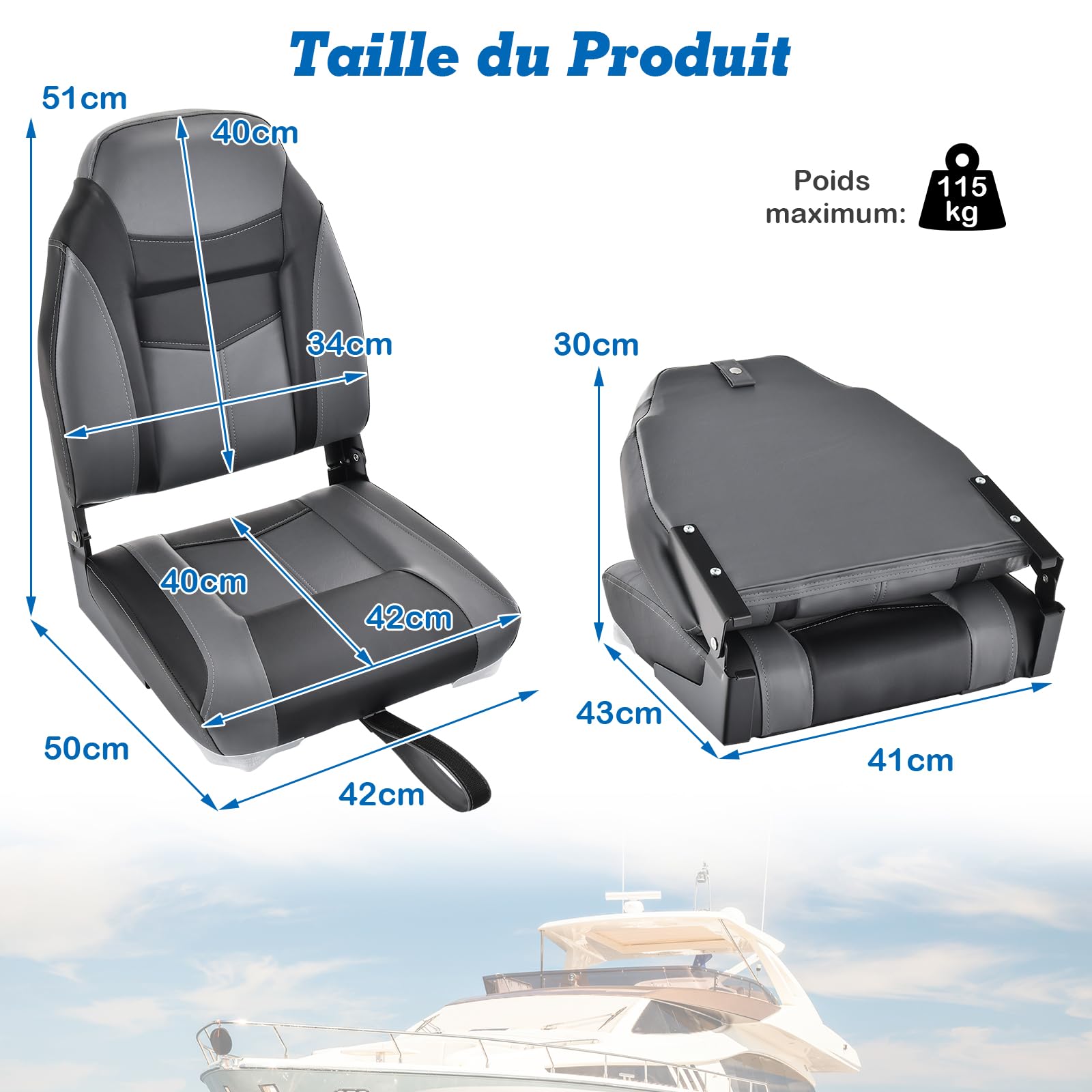 GYMAX Asiento de Barco de Respaldo Alto, Cómodo Asiento con Cojín de Espuma de Alta Densidad, Asiento de Capitán de Barco Plegable con Bisagras Flexibles, Universal (Negro, 44 x 50 x 60 cm - 1 PC)