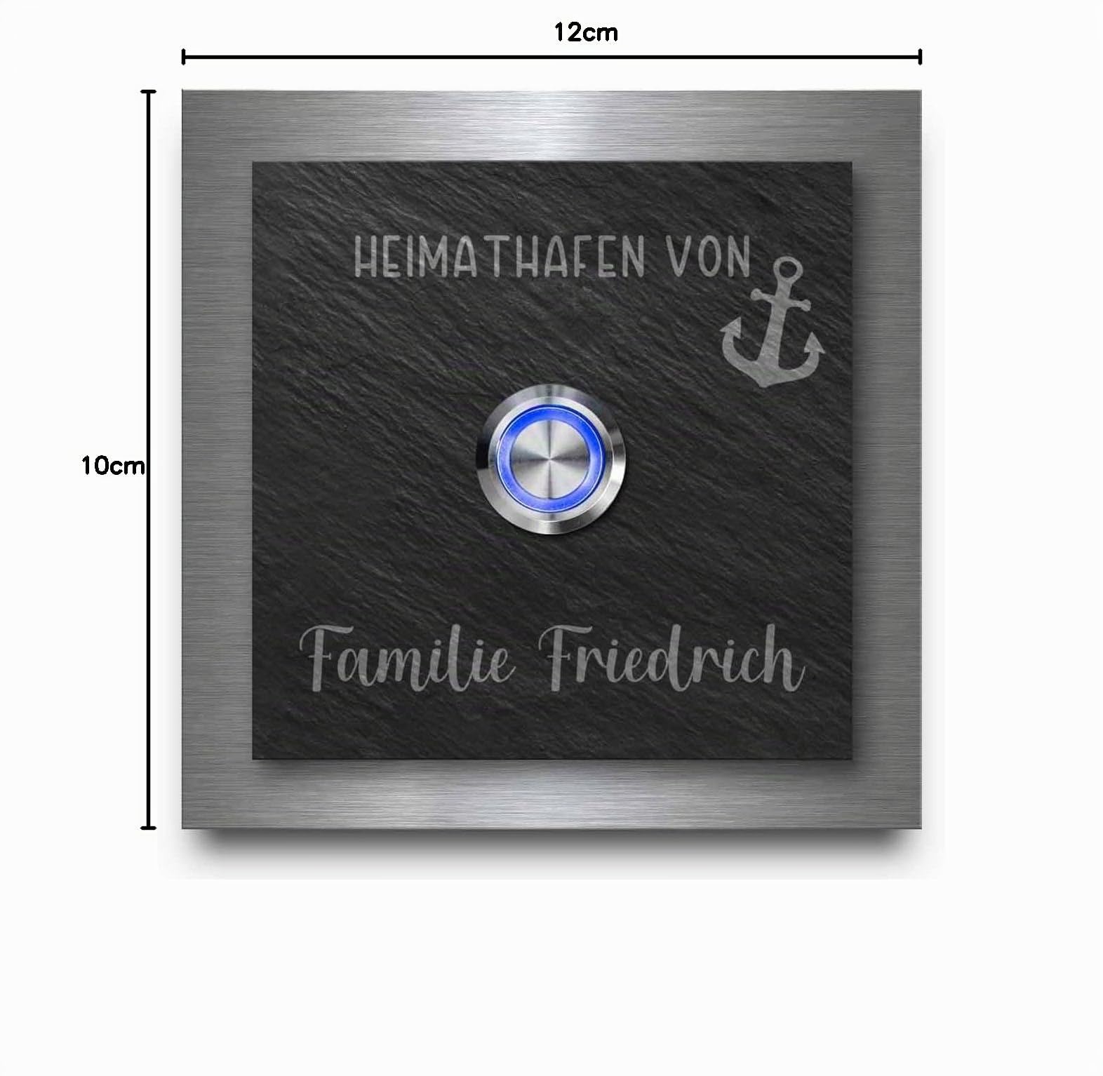 Schiefer Türklingel mit Edelstahlrahmen - Klingel Modell Friedrich ab 10x10 cm | Individuell graviert mit Wunschtext und Motiven - Optional mit beleuchtetem Klingelknopf