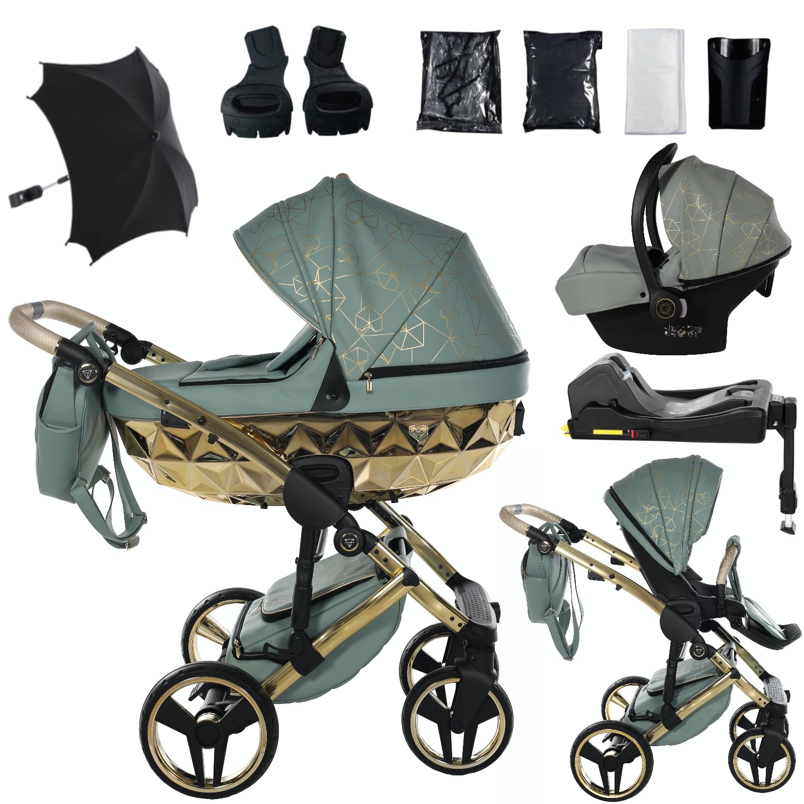 Junama Passeggino TRIO Heart 03 Verde e Oro - 2in1 3in1 4in1 + ombrellino (4 in 1 con Base ISOFIX)