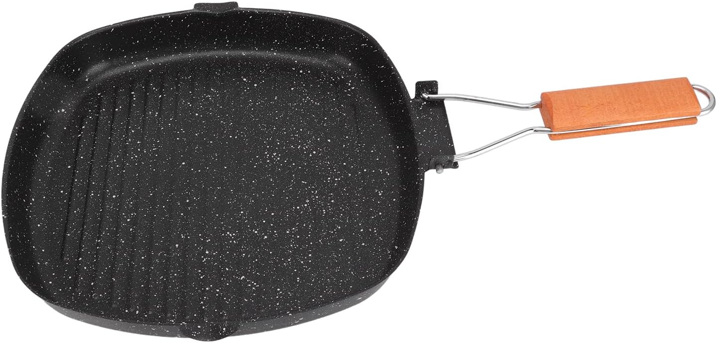 Tyenaza Folding Beech Handle Frying Pan, Square Frying Pan Grill Pan with Nonstick Coating Energy Saving Non-Stick Stripes Steak Special Pan Grilling Pan(28 * 28cm)