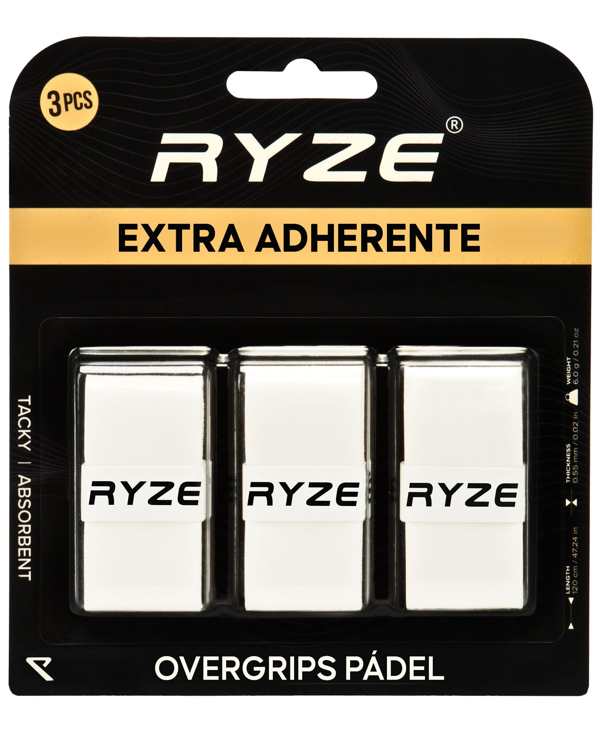 RYZE Overgrips Padel Blanco - Extra Confort y Agarre - Grip Padel Antideslizante - Ultra Absorbente del Sudor - Overgrip de Padel Antivibración - Diseñado para Grip Pala de Padel Tenis - 3 x 120 cm