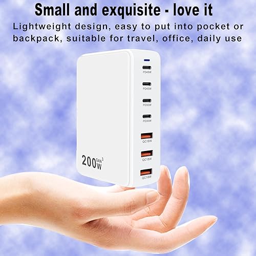 Miniatura 4 de Bloque de carga rápida USB de 200 W, concentrador de estación de carga rápida GaN de 7 puertos mejorado, adaptador de cargador USB-C para laptop,