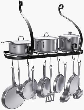Vdomus Wall Mounted Pot and Pan Rack for Kitchen, Cookware Hanging rack with 10 Hooks Included, Hanging Pan Organizer, Black