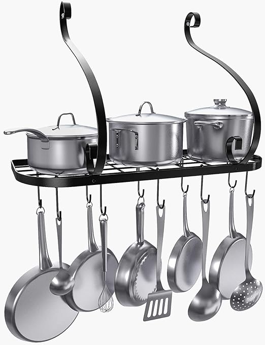 Vdomus Wall Mounted Pot and Pan Rack for Kitchen, Cookware Hanging rack with 10 Hooks Included, Hanging Pan Organizer, Black