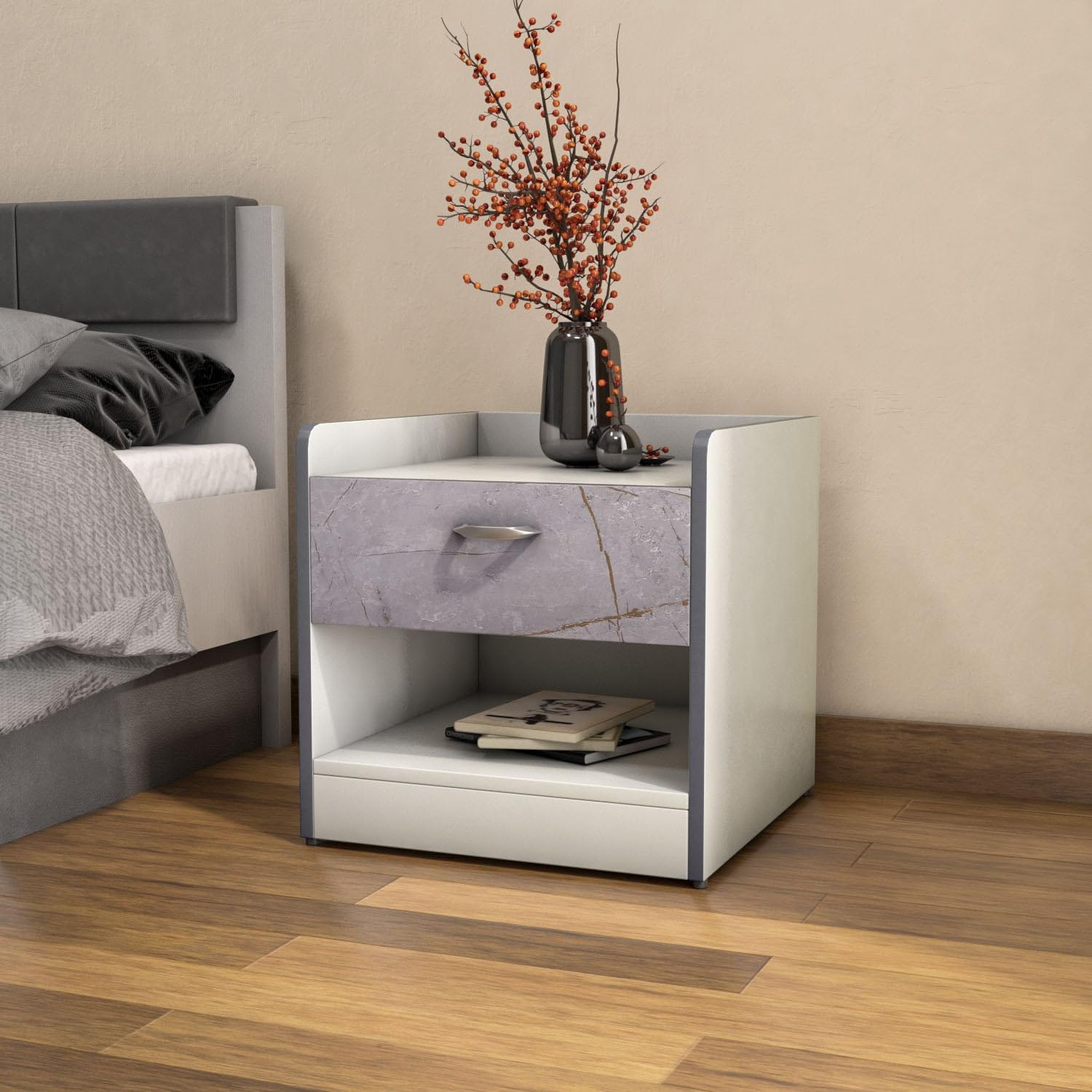 Nilkamal Marbito Night Stand | Engineered Wood Build | Spacious Top Shelf |Drawer with Marble Finish and A Bottom Shelf | 1 Year Warranty | Frosty White-image-40