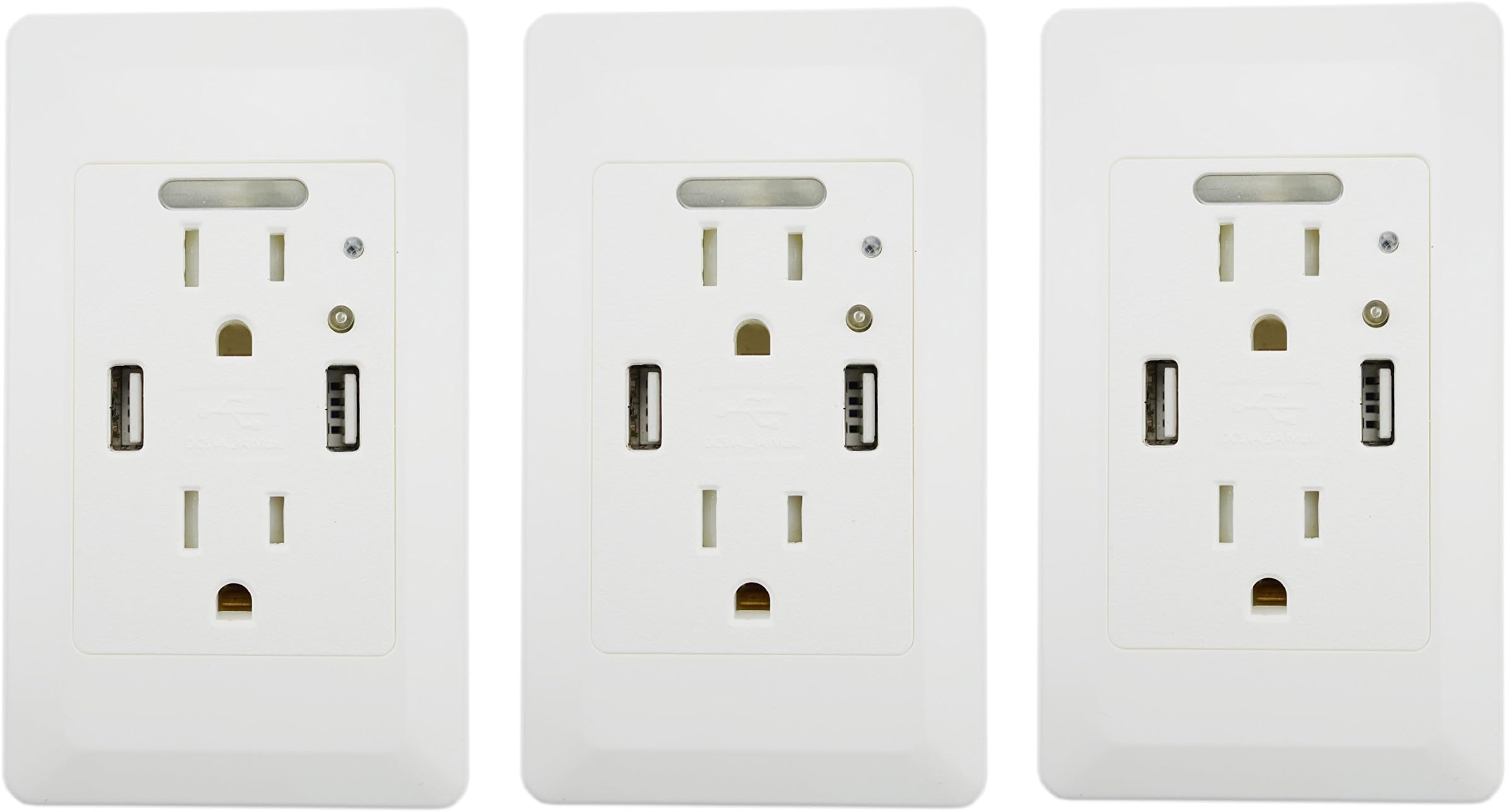 3PK YOPI 4.2A High Speed Dual USB Charger with 15A Tamper Resistant Wall Receptacle 2 Outlets Band Panel Night Light White ETL Listed