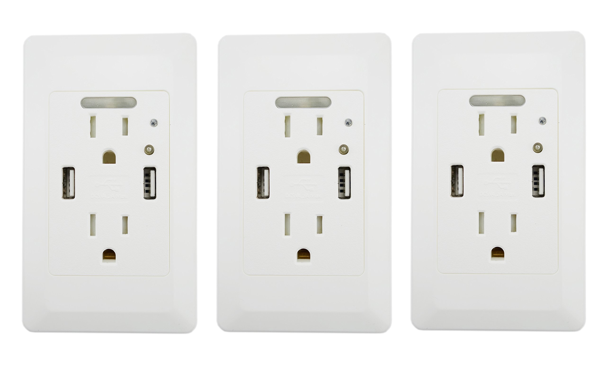 3PK YOPI 4.2A High Speed Dual USB Charger with 15A Tamper Resistant Wall Receptacle 2 Outlets Band Panel Night Light White ETL Listed