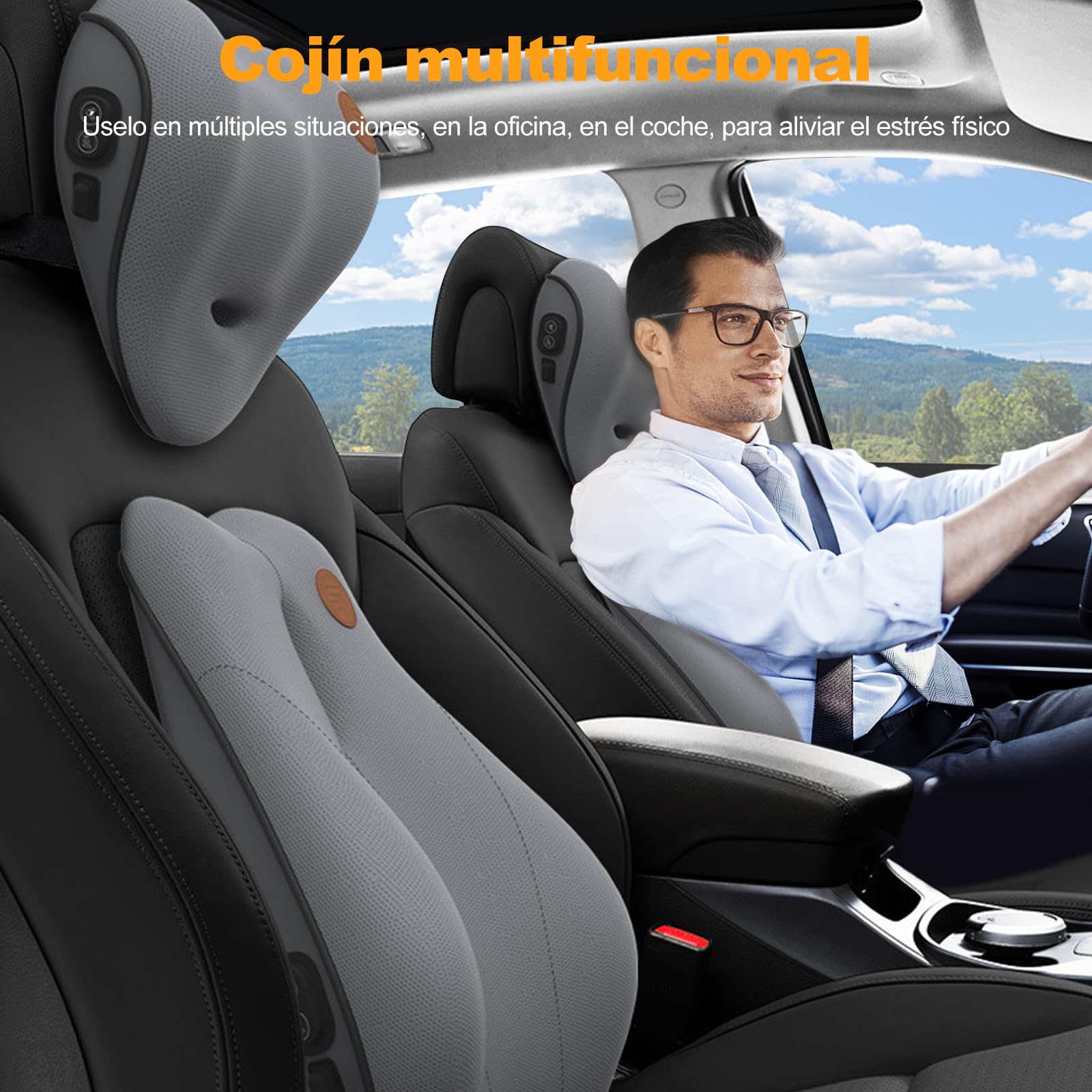 Ergocar Cojin Lumbar y Almohada de Cuello para Silla de Oficina/Coche/Juego, Blando Espuma de Memoria Alivio del Dolor de Espalda, Almohada Cuello & Lumbar Eléctrica,Grey-Masaje