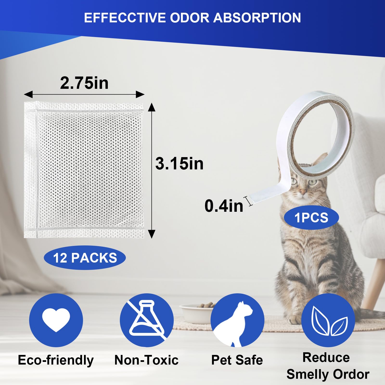 12-Pack Cat Litter Deodorizer Packs – Odor Eliminator Compatible With Litter-Robot 3/4 & Traditional Boxes (with Double-Sided Tape)