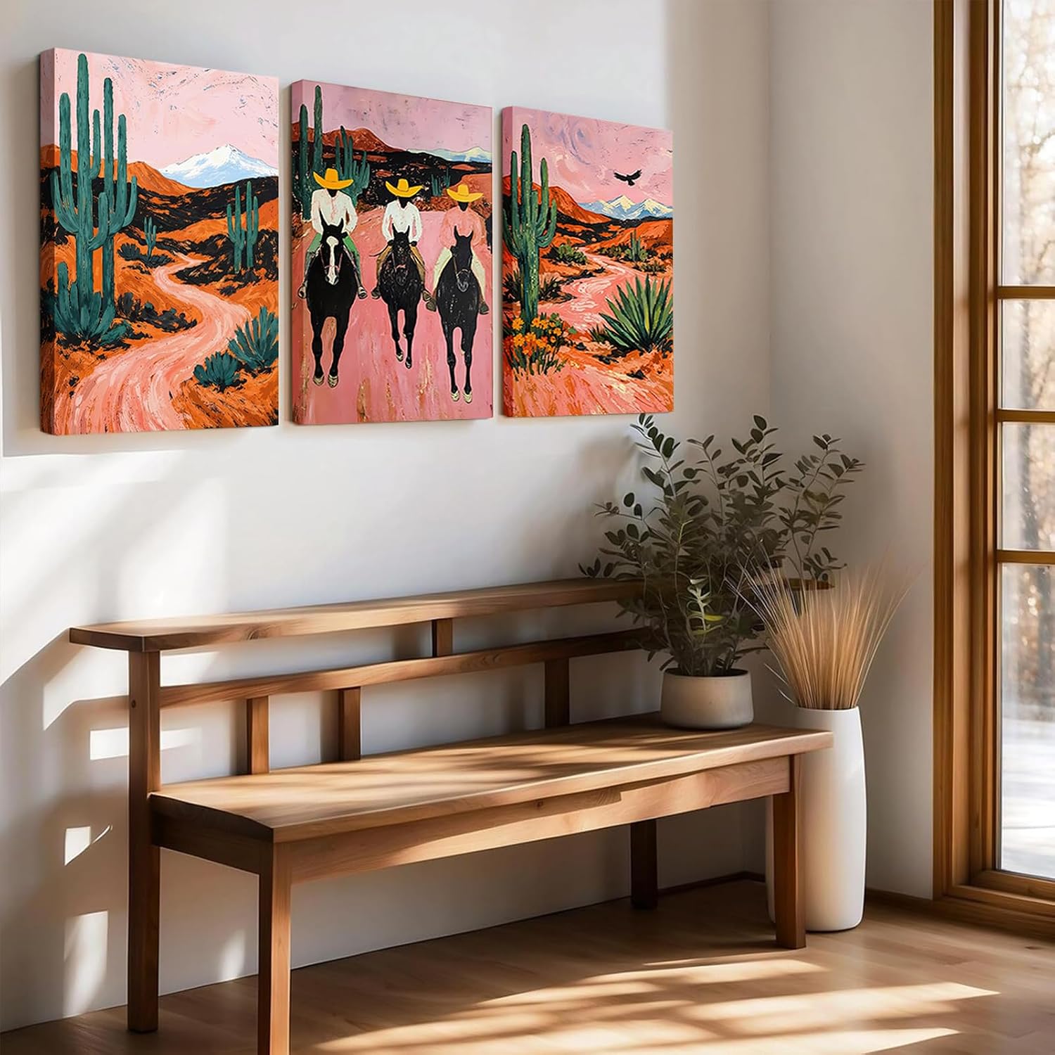 Western Cowboy Wall Art Set of 3, Southwestern Desert Canvas Prints with Cactus & Horses, Pink Boho Western Painting Pictures for Living Room Bedroom, Ranch Style Triptych Posters Artwork 16x24