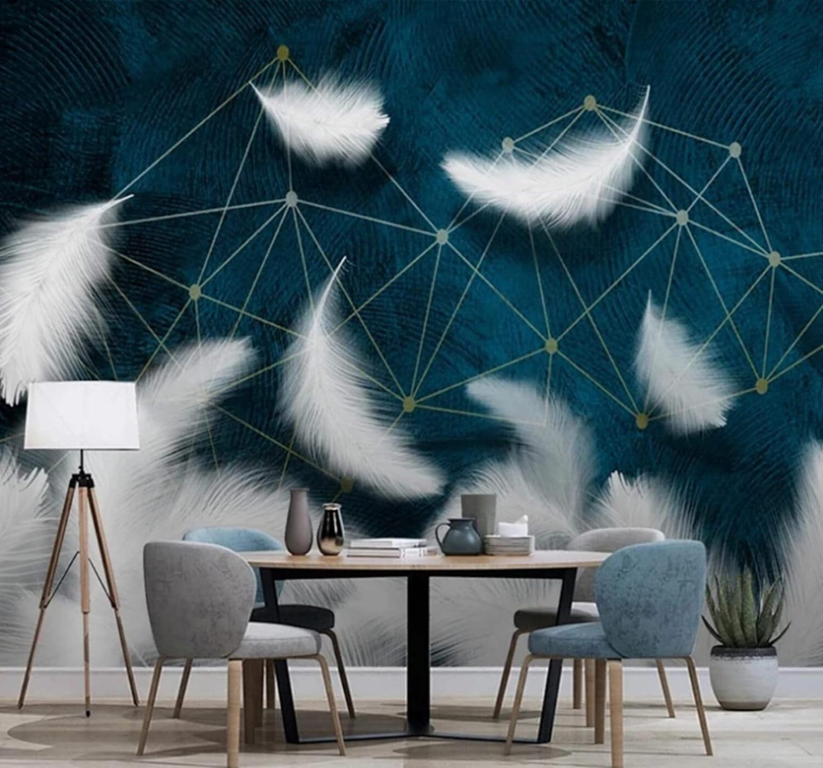 XLMING Minimalist Geometric Lines White Feathers 3D Wallpaper Luxury Silk Study Dining Feature Sofa Grey Bedroom Living Room Tv Decorative Wall-400cm×280cm