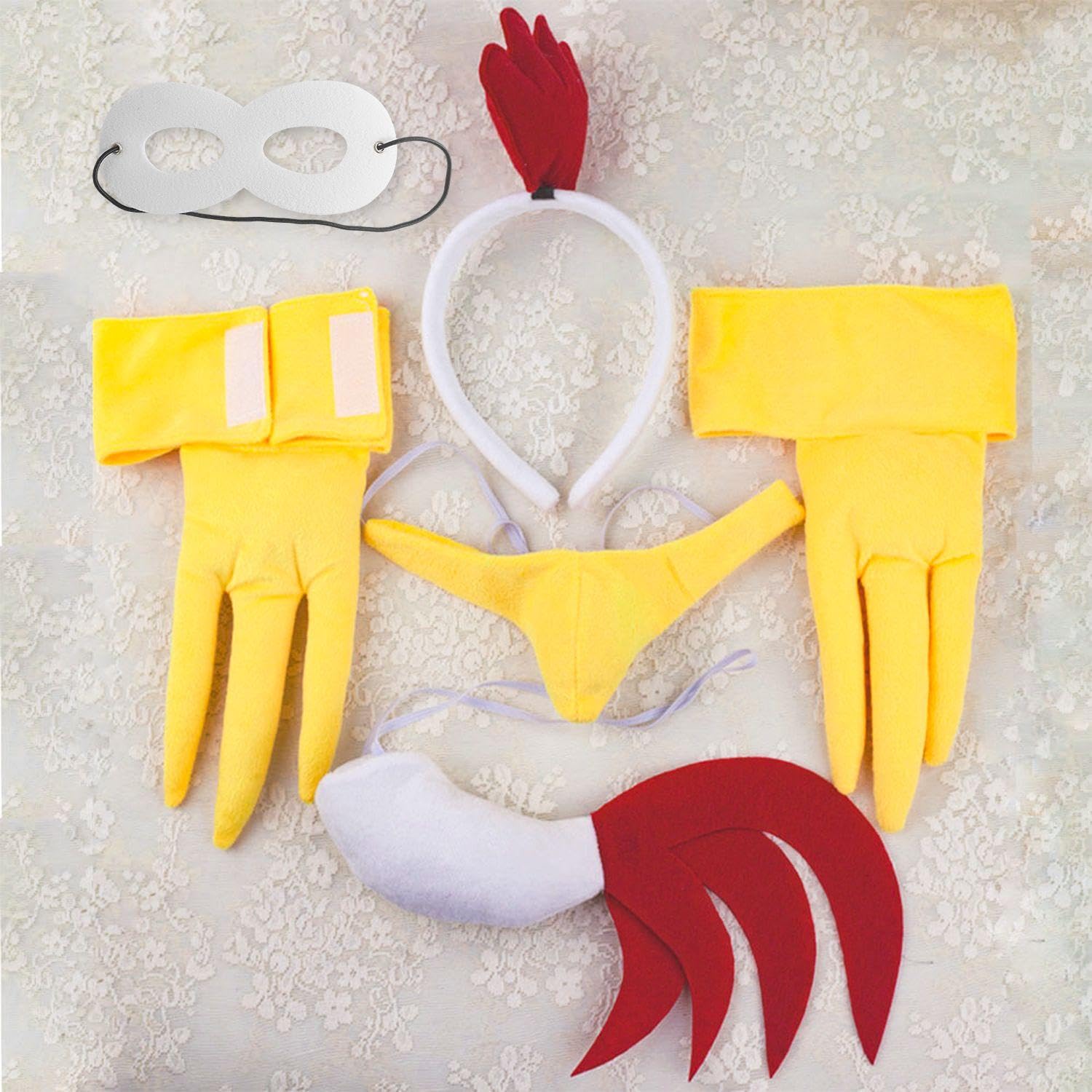 HINFHI 1 Headband, 1 Nose, 2 Chicken Feet, 1 Tail And 1 Mask, Rooster Costume, Role-Playing Props, Red - Image 3