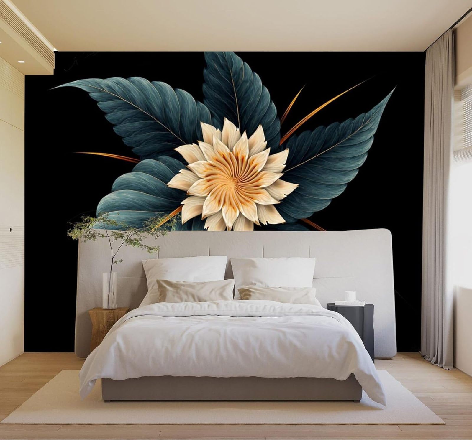 3D Papel Pintado Tridimensional Flores De Color Beige Hojas Azules Negro