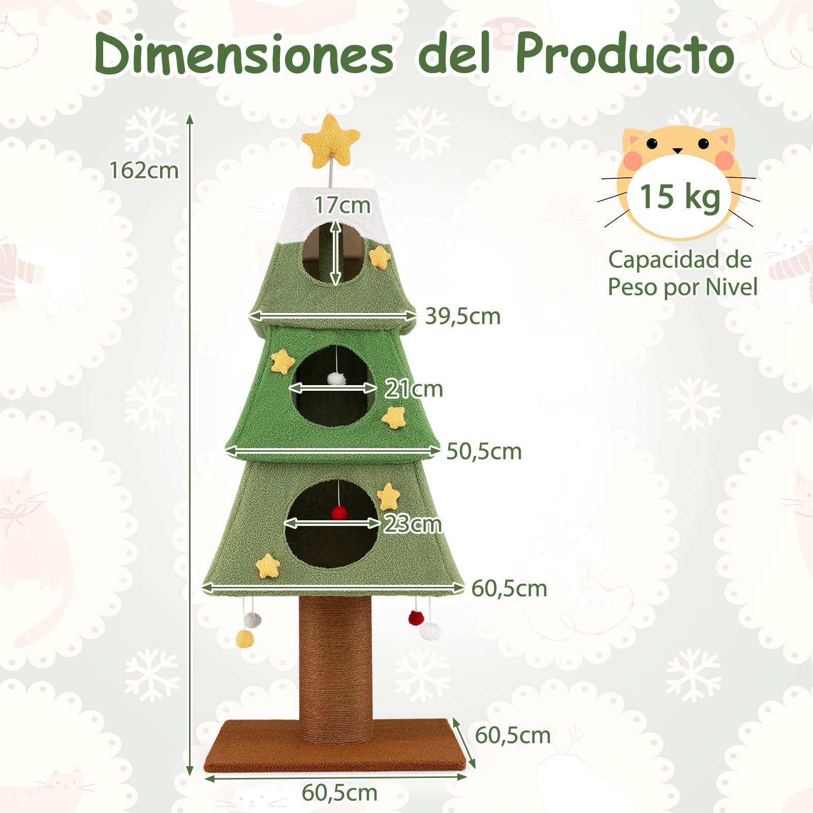 GOPLUS Árbol para Gatos con Forma de Árbol de Navidad, Torre para Gatos de Interior con Plataformas de 3 Niveles, Rascador de Sisal, 4 Bolas, Juguete con Resorte y Cubierta de Tela Extraíble