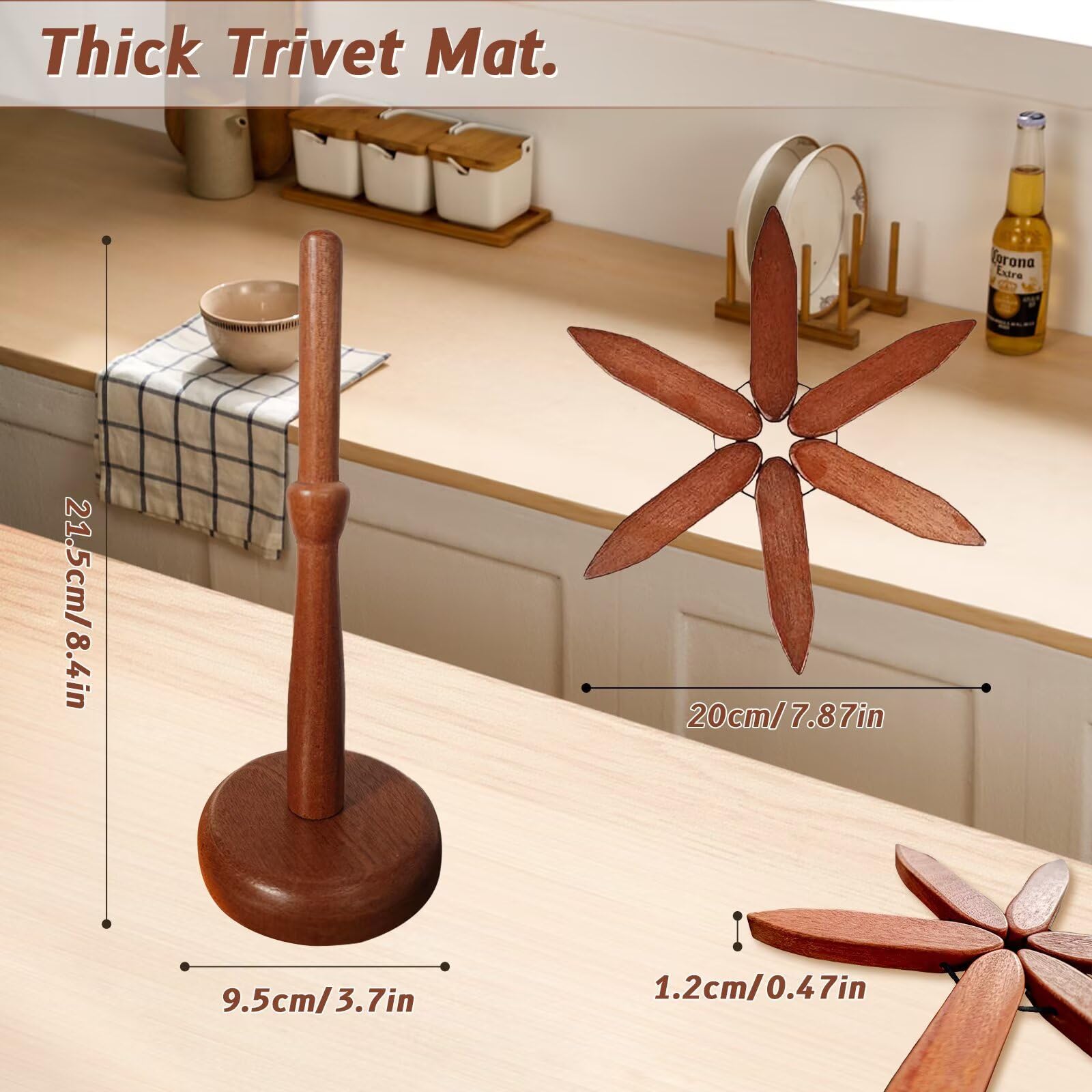 Wooden Trivets for Hot Dishes, Wooden Tree Coasters Tree Shape Trivet Set for Hot Pots and Pans, Foldable Kitchen Walnut Table Mat for Easy Storage, Coaster with 5 Wooden Trivets,1 Stand