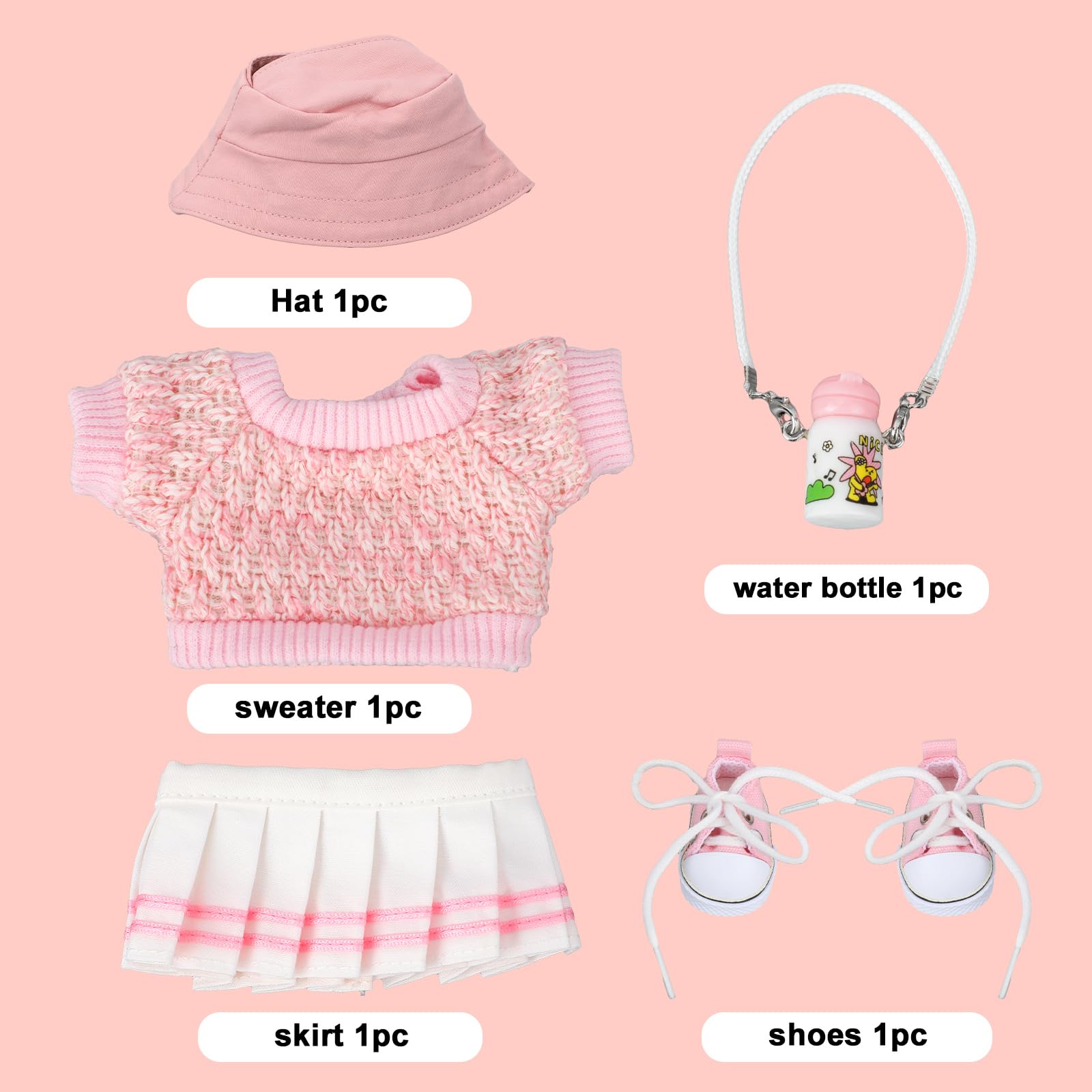 Fukaisu Plush Doll Clothes Set, 5-Piece Cute Pink Clothing Include Sweater, Skirt, Hat, Water Bottle and Canvas Shoes - Image 2
