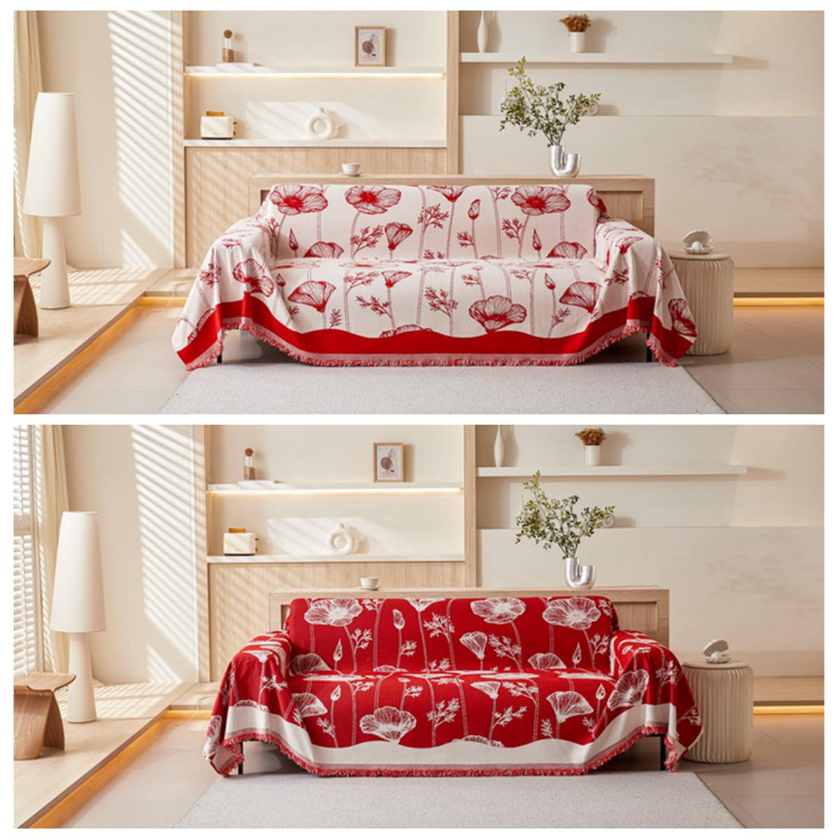 新品　赤い花柄ソファカバーとクッションセット 立体オーナメント柄伸縮フィットソファカバー - ベルーナ【公式】