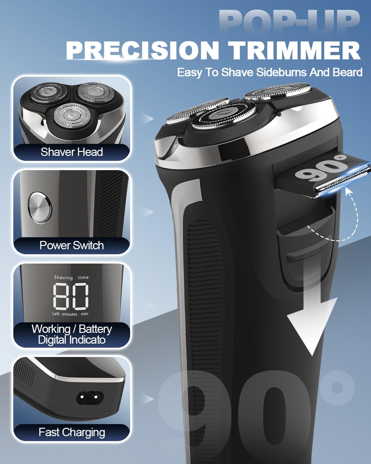 Rasoio elettrico da uomo, professionale Wet & Dry Rasoi rotativi elettrici per gli uomini USB Ricaricabile IPX7 Impermeabile con Pop-up Trimmer Cordless Uomo 4D Rotary Electric Razor