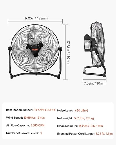 Miniatura 7 de VEVOR Ventilador de piso, ventilador industrial de alta velocidad de 3 velocidades, 14 pulgadas, 2560 CFM, inclinación ajustable de 360°, 19.69