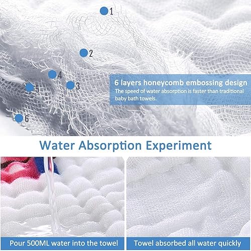 Miniatura 5 de Juego de 2 toallas de baño para bebé, manta de muselina para bebé, 6 capas de 41.5 x 41.5 pulgadas, paños de muselina de algodón extra suave (color