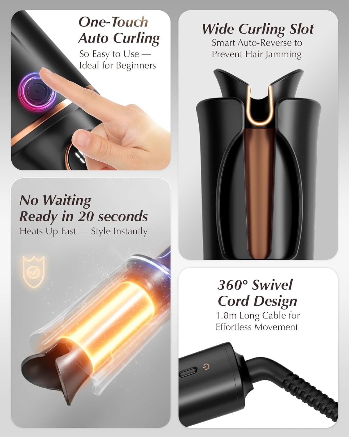 Automatic Rotating Curling Iron – VISKS V668 Pro Ceramic Hair Curler with Keratin-Coated Barrel, Digital Temperature Display, Anti-Scald, 590M Ionic, Tangle-Free, Dual Voltage, 1.5 Inch - Image 6