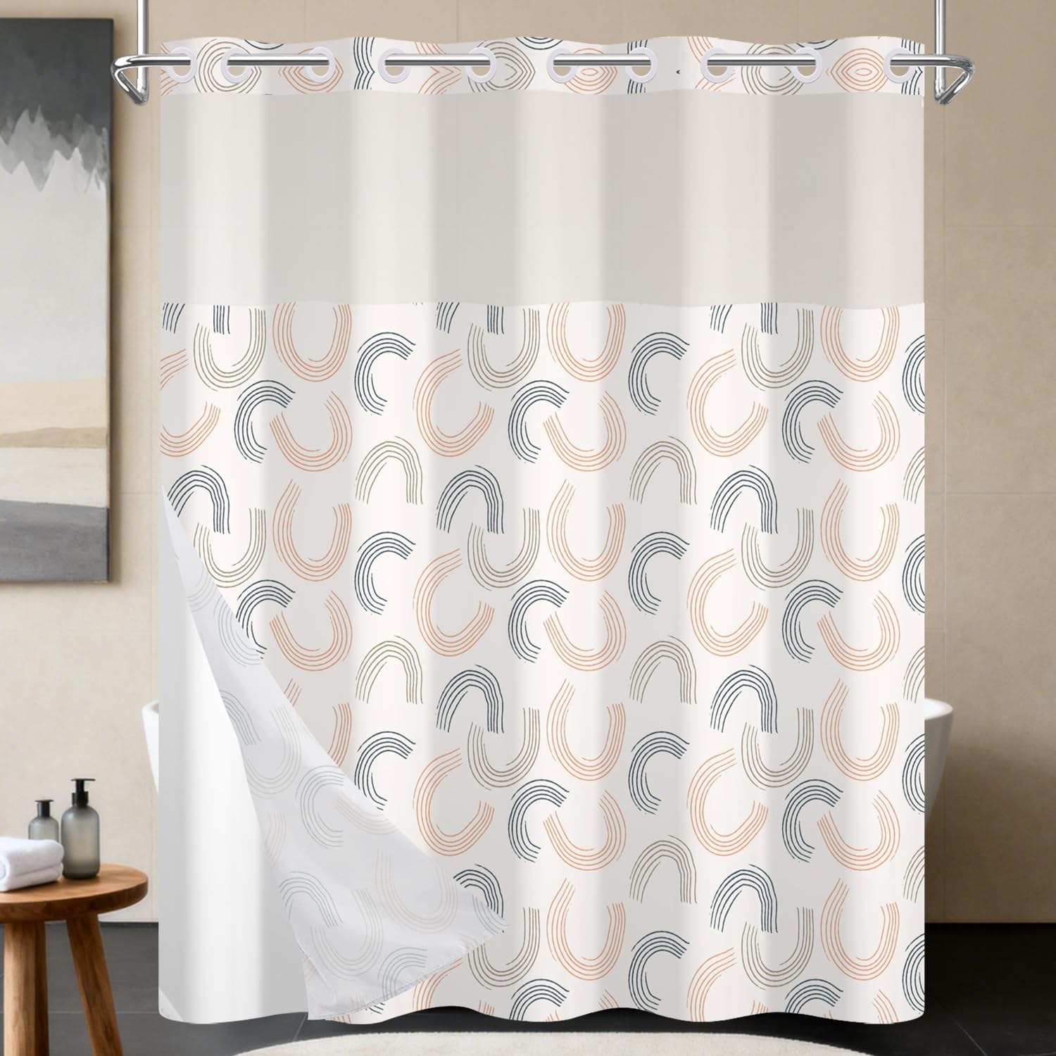 No Hook Shower Curtain with Snap in Fabric Liner Set - Modern Geometric Curve Design, Waterproof Double Layers with Beige & Blue Line for Bathroom Decor, See Through Top Window, 71x74 Inch