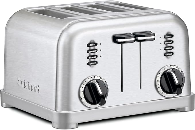 Cuisinart 4 Slice Toaster, Compact Stainless Steel Toaster with Extra-Wide Slots for Toasting Bread, French Toast, Bagels and Pastries, Defrost & Reheat Functions, CPT-180P1, Brushed Stainless
