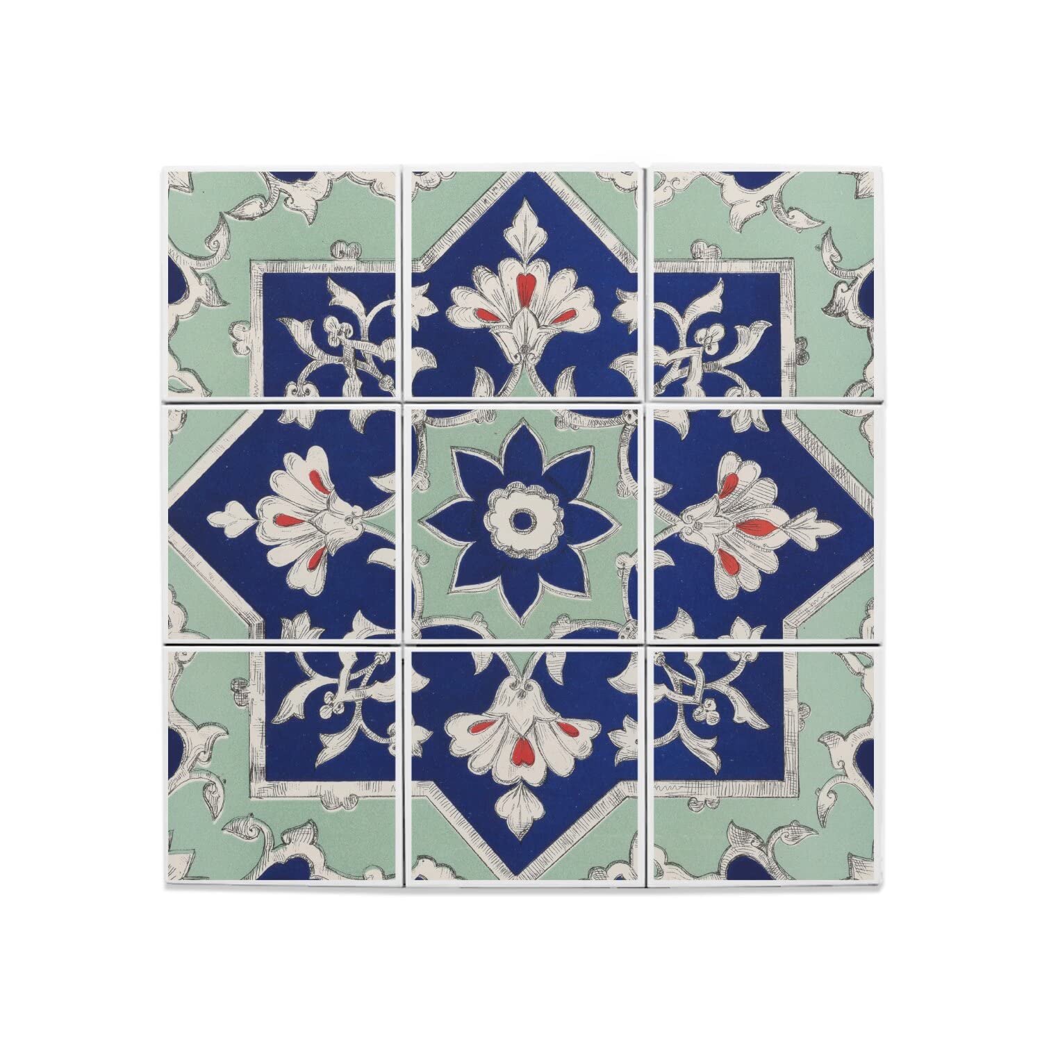 Fabulous Lot x9 Carreaux Céramique Décoratif 20 x 20 cm - Ornement Floral Retro Motif Baroque Art Nouveau (Taille totale 60 x 60cm)