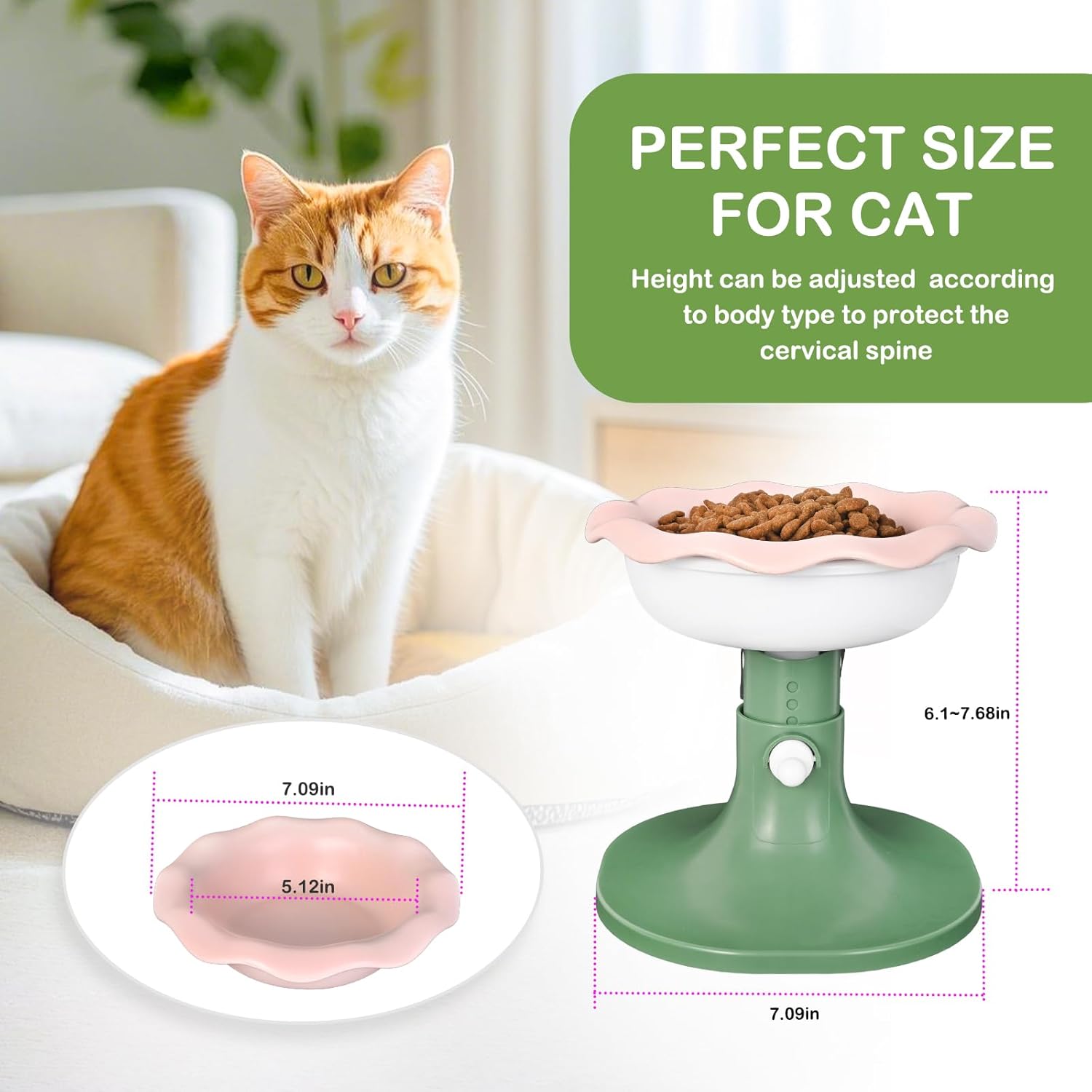 Adjustable Ceramic Elevated Cat Bowls, 30° Tilted Raised Cat Bowls, Neck Protection, Whisker-Friendly, Leak Proof for All Age Cats & Dogs, Lace (Pinkish Green)