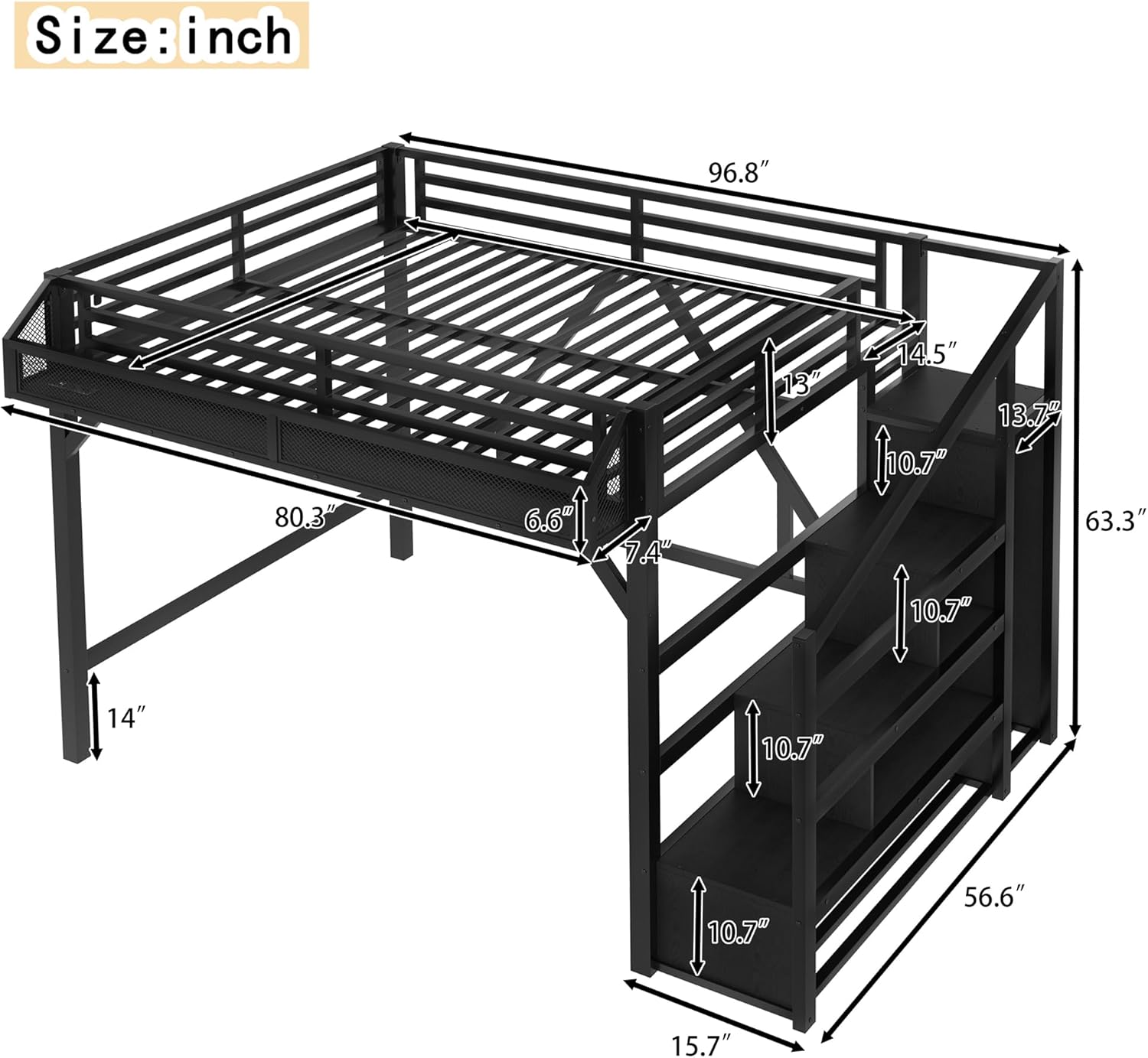 Bellemave Queen Loft Bed with Stairs and Wardrobe, Queen Size Loft Bed with Charging Station, Lights and Bedside Shelf, Heavy Duty Loft Bed Frame for Adults, Teens, Kids, Noise Free, Black Wood