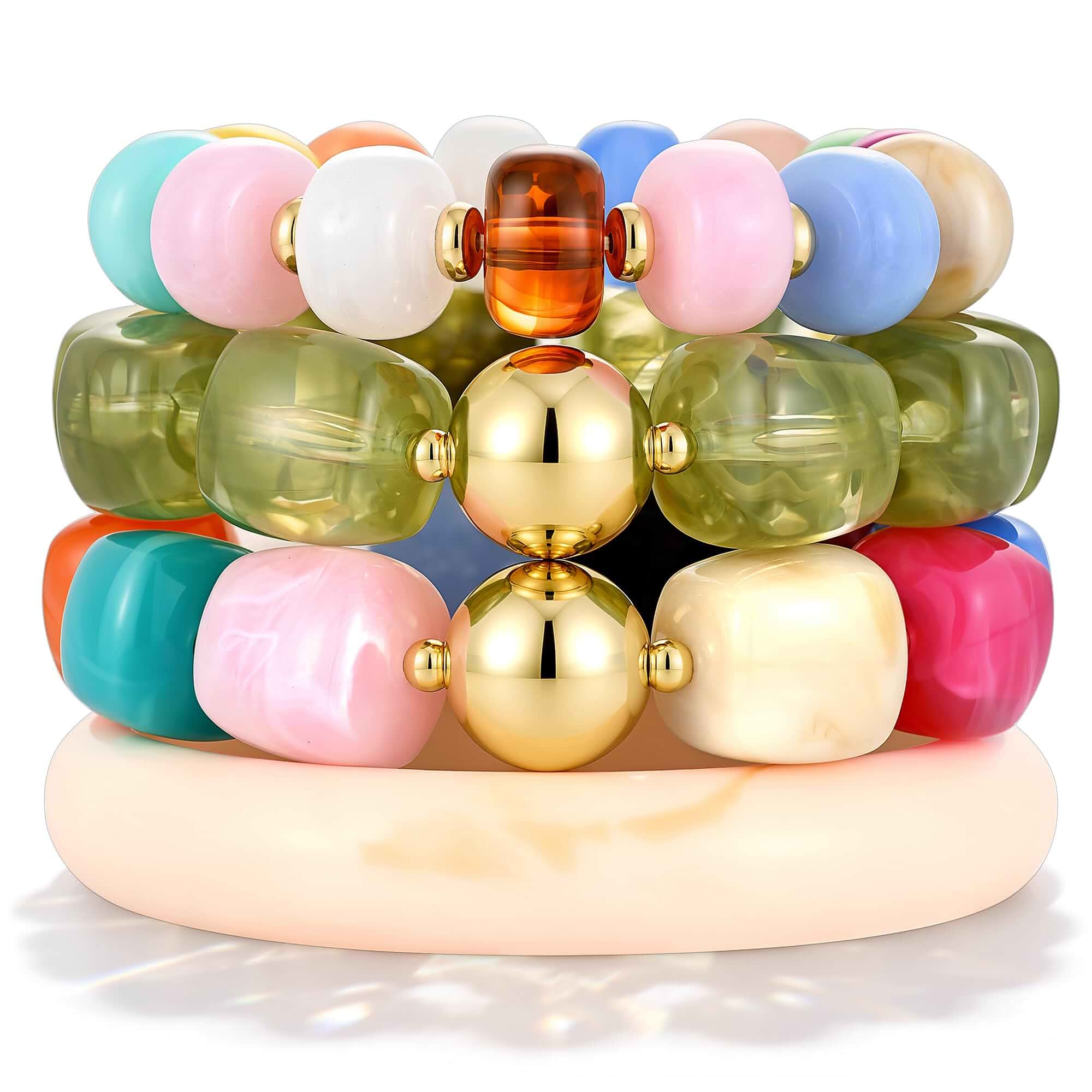 FAXHION 4 Pcs Beaded Bracelets for Women, Chunky Resin Acrylic Bangle set Colorful Beaded Bracelet Set, Adjustable Elastic Stretch, Boho Style for Summer Beach Vacation, Jewelry for Women Gifts