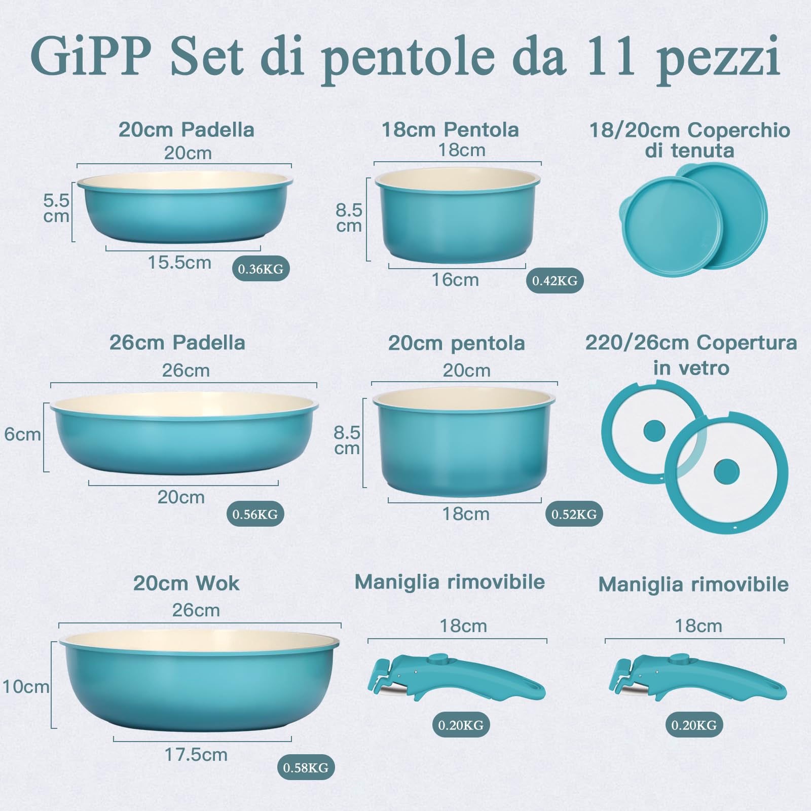 GiPP 11 Pezzi Set Di Padelle Con Rivestimento Ceramico Antiaderente, Set Di Padelle Con Manici Staccabili, Atossiche Compatibili Con Induzione, Forno E Lavastoviglie, Blu Gradiente